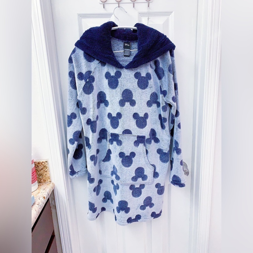 Disney Mickey Mouse FauxFur Blue Gray Sweatshirt Hooded Dress Tunic Womens Small